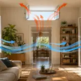 Flussi d'aria che entrano ed escono da una casa, illustrando come gestire le fasce climatiche interne per un comfort ottimale.