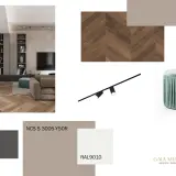 Moodboard con parquet a spina di pesce, tessuti e campioni colore, tra cui un elegante color tortora, per un progetto d'interni.