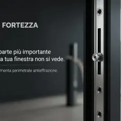 Dettaglio di una ferramenta a nastro perimetrale antieffrazione, parte essenziale e invisibile di una finestra Fortezza.