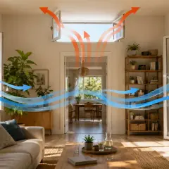 Flussi d'aria che entrano ed escono da una casa, illustrando come gestire le fasce climatiche interne per un comfort ottimale.