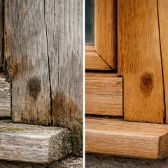 Prima e dopo: come pulire infissi in legno. Il legno vecchio e grigio diventa caldo e rinnovato, mostrando la bellezza naturale.