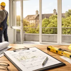 Operaio con casco giallo installa una finestra, su un tavolo progetti, occhiali e livella. Scia in sanatoria per apertura finestra.