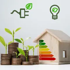 Wooden house with energy rating, coins with plants, and eco icons.