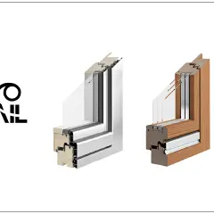 Sezioni di infissi legno alluminio: uno bianco moderno, l'altro in legno naturale. Diverse finiture e colori disponibili.