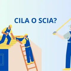 Operai al lavoro sul tetto, uno con martello, l'altro con secchio. Una donna misura. CILA o SCIA? Permessi per lavori edilizi.