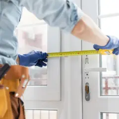 Tecnico con guanti blu misura un serramento bianco. La cintura porta attrezzi suggerisce un intervento di assistenza serramenti.