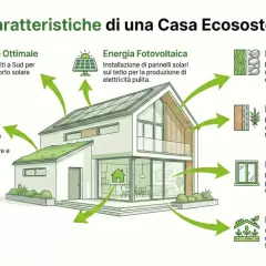 Esempi di casa ecosostenibile: orientamento, fotovoltaico, materiali naturali, domotica, isolamento, infissi performanti e integrazione del verde.
