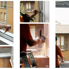 Lavoratori impegnati nel cambio finestre: rimozione vecchi telai con attrezzi e smerigliatrice, installazione nuove finestre.
