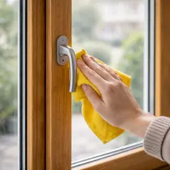 Mano pulisce infisso in legno con panno giallo. Un gesto semplice per rinnovare infissi in legno fai da te e far brillare la tua casa.