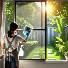 Donna pulisce le zanzariere con uno spruzzino e un panno, godendosi il sole che filtra dal giardino.