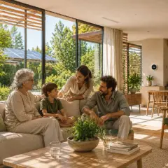 Famiglia riunita in un soggiorno luminoso, godendo del benessere abitativo. La luce naturale inonda lo spazio, creando un'atmosfera serena.