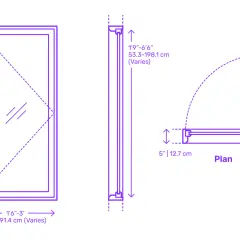 Disegno tecnico di una finestra a battente con misure. Vista frontale, laterale e in pianta.