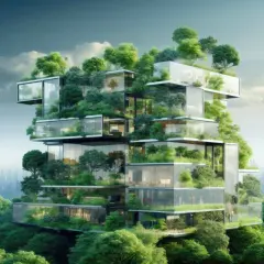 Edificio moderno con terrazze verdi e vetrate, un esempio di architettura bioclimatica integrata nella natura.