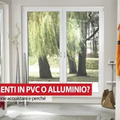 Serramenti in PVC o alluminio? La scelta ideale per la tua casa, con un'elegante porta finestra che si affaccia su un giardino rigoglioso.