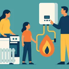 Famiglia che impara a risparmiare gas riscaldamento, con un padre che regola la caldaia e una madre e figlia vicino a un termosifone e fornelli.