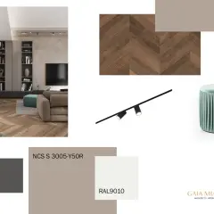 Moodboard con parquet a spina di pesce, tessuti e campioni colore, tra cui un elegante color tortora, per un progetto d'interni.