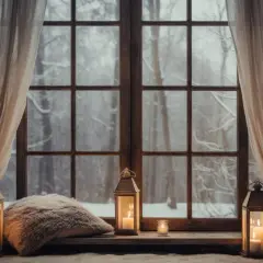 Finestra con lanterne accese e cuscino morbido, vista su un bosco innevato. Perfetto per sapere a che ora aprire le finestre e godersi la magia invernale.