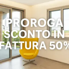 Interno moderno con poltrona gialla e testo "Proroga sconto in fattura 50%".