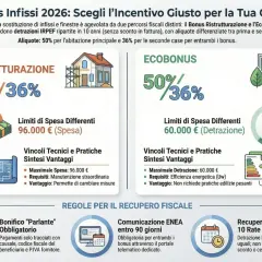 Infografica sui bonus fiscali per infissi nel 2026, con focus su Bonus Ristrutturazione ed Ecobonus, in linea con la direttiva europea efficienza energetica.