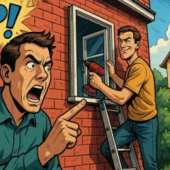 Uomo arrabbiato indica un altro che sta installando finestre su proprietà privata.