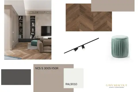 Moodboard con parquet a spina di pesce, tessuti e campioni colore, tra cui un elegante color tortora, per un progetto d'interni.
