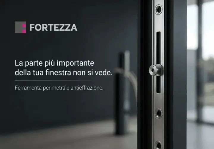 Dettaglio di una ferramenta a nastro perimetrale antieffrazione, parte essenziale e invisibile di una finestra Fortezza.