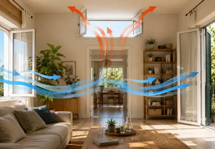 Flussi d'aria che entrano ed escono da una casa, illustrando come gestire le fasce climatiche interne per un comfort ottimale.