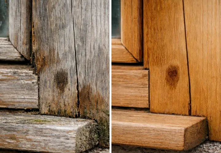 Prima e dopo: come pulire infissi in legno. Il legno vecchio e grigio diventa caldo e rinnovato, mostrando la bellezza naturale.