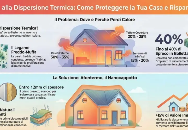 Illustrazione mostra come il calore fuoriesce da una casa, causando freddo in casa e sprechi. Soluzioni per isolare e aumentare il valore immobiliare.