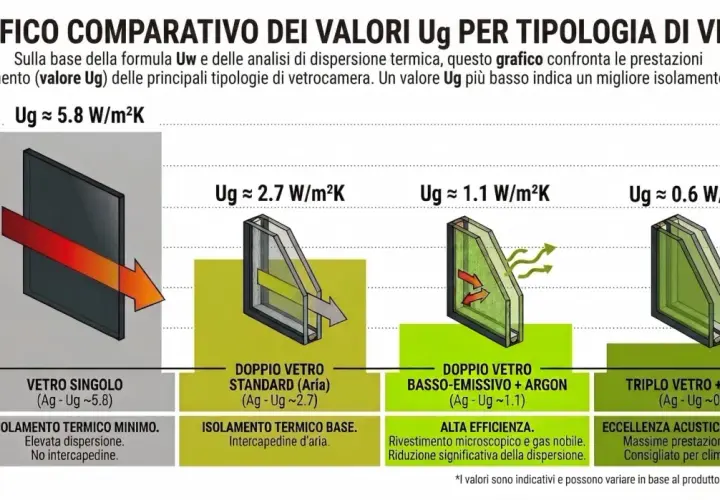 Grafico mostra la trasmittanza termica (Ug) di vetri diversi: singolo, doppio standard, basso-emissivo e triplo. Valori Ug più bassi indicano miglior isolamento.