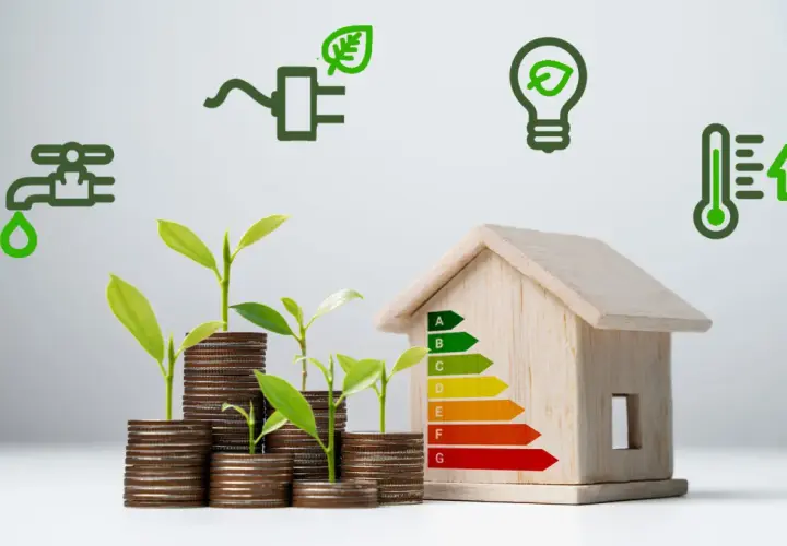 Wooden house with energy rating, coins with plants, and eco icons.