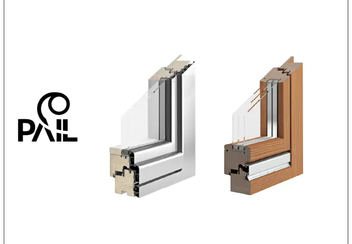 Sezioni di infissi legno alluminio: uno bianco moderno, l'altro in legno naturale. Diverse finiture e colori disponibili.
