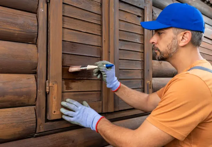 Uomo con guanti blu e cappellino blu restaura scuri in legno. Scopri i prezzi per il restauro scuri in legno.