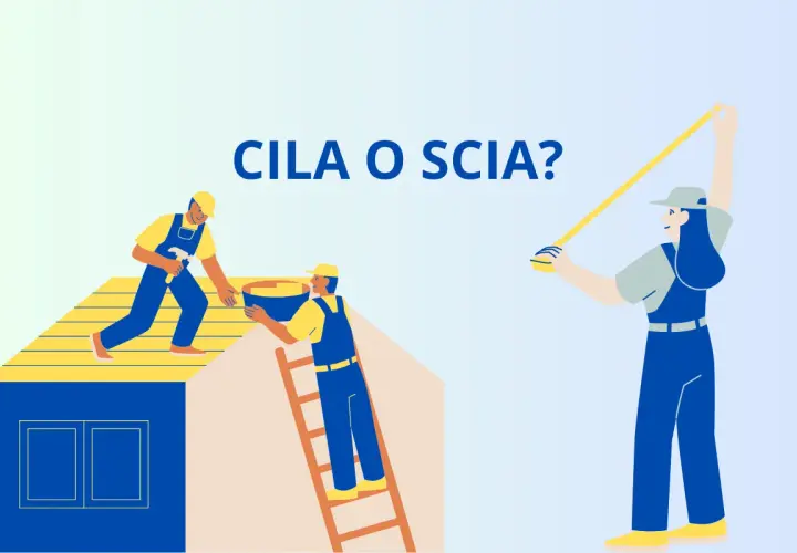 Operai al lavoro sul tetto, uno con martello, l'altro con secchio. Una donna misura. CILA o SCIA? Permessi per lavori edilizi.