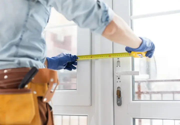 Tecnico con guanti blu misura un serramento bianco. La cintura porta attrezzi suggerisce un intervento di assistenza serramenti.