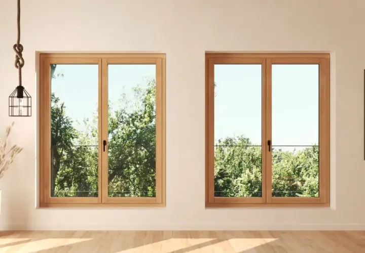 Finestre con profili in alluminio legno, che incorniciano un rigoglioso giardino verde.