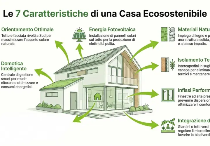 Esempi di casa ecosostenibile: orientamento, fotovoltaico, materiali naturali, domotica, isolamento, infissi performanti e integrazione del verde.