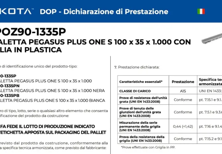 Dichiarazione di prestazione DOP per canaletta POZ90-1335P con griglia in plastica, con specifiche tecniche armonizzate.