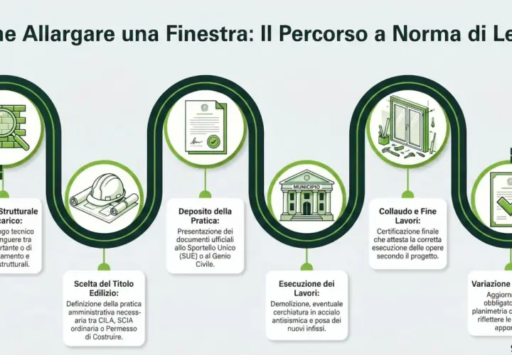 Percorso per allargare una finestra: verifica strutturale, scelta titolo edilizio, deposito pratica, esecuzione lavori, collaudo e variazione catastale. Non è possibile aprire una finestra senza permesso.