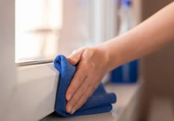 Mano pulisce davanzale con panno blu. Un flacone di detergente è sullo sfondo. Scopri come pulire gli scuri in legno.
