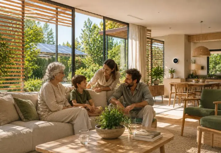 Famiglia riunita in un soggiorno luminoso, godendo del benessere abitativo. La luce naturale inonda lo spazio, creando un'atmosfera serena.