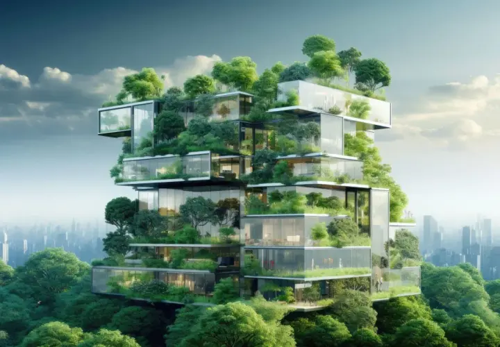Edificio moderno con terrazze verdi e vetrate, un esempio di architettura bioclimatica integrata nella natura.