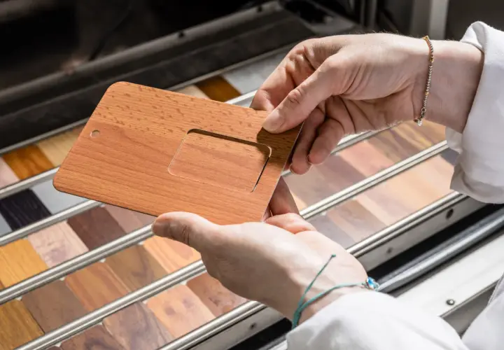 Mani che esaminano un campione di alluminio color legno, con una vasta gamma di finiture lignee in esposizione.