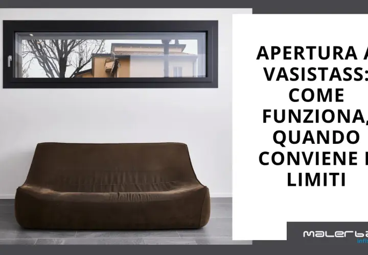 Interno moderno con divano marrone e una finestra basculante che mostra un albero e una casa. Testo: "Apertura a vasistas: come funziona, quando conviene e limiti".