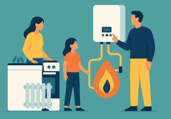 Famiglia che impara a risparmiare gas riscaldamento, con un padre che regola la caldaia e una madre e figlia vicino a un termosifone e fornelli.