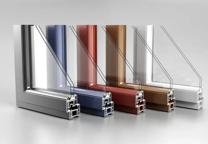 Sezione di infissi in diversi materiali e colori: alluminio, PVC blu, rosso, marrone e bianco. Aiuta a scegliere quale materiale scegliere.