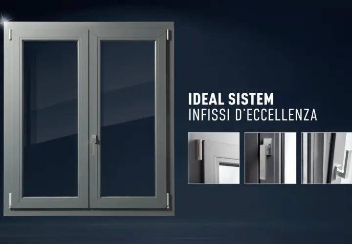 Finestra grigia a doppio battente, con dettagli maniglie e cerniere. Scopri il bonus finestre come funziona con Ideal Sistem.