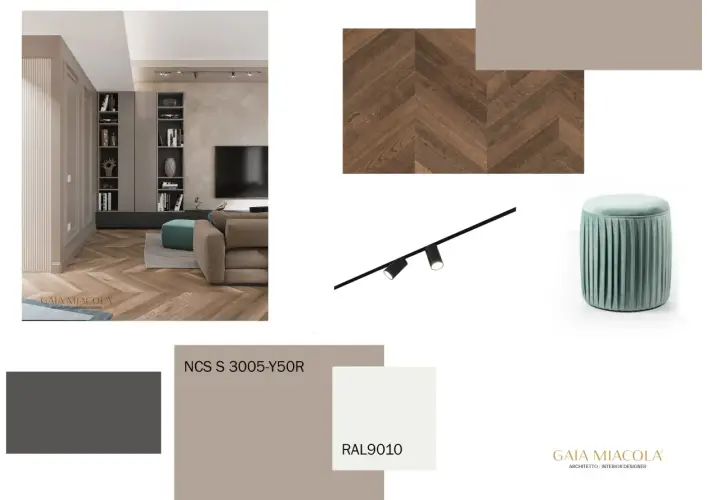 Moodboard con parquet a spina di pesce, tessuti e campioni colore, tra cui un elegante color tortora, per un progetto d'interni.