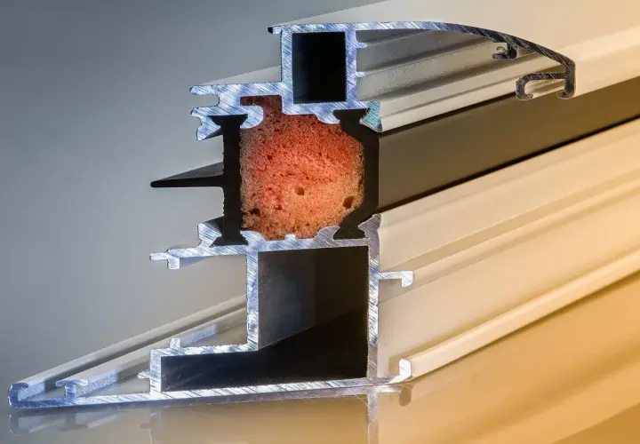 Sezione di un profilo per finestre: alluminio è un metallo leggero e resistente, con inserto isolante rosso e guarnizioni nere.