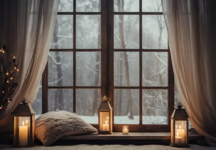 Finestra con lanterne accese e cuscino morbido, vista su un bosco innevato. Perfetto per sapere a che ora aprire le finestre e godersi la magia invernale.
